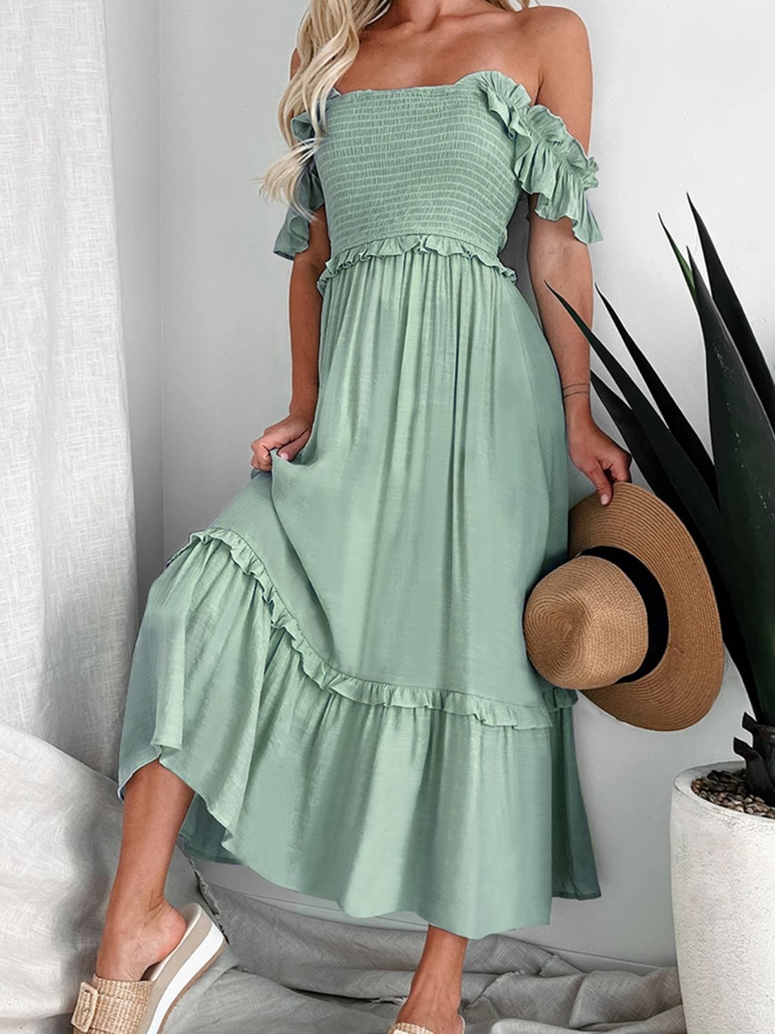 Trendsi Gum Leaf / S Frill Smocked Off-Shoulder Ruffle Sleeve Dress Frill Smocked Off-Shoulder Ruffle Sleeve Dress