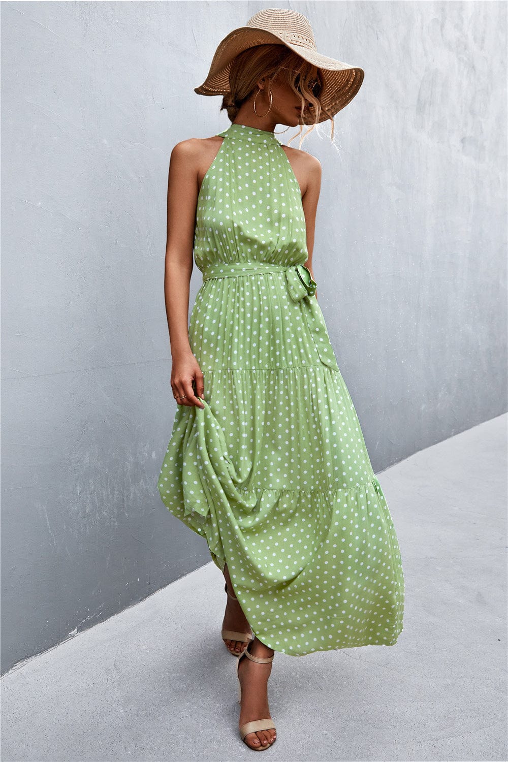 Trendsi Gum Leaf / S Printed Sleeveless Tie Waist Maxi Dress Printed Sleeveless Tie Waist Maxi Dress
