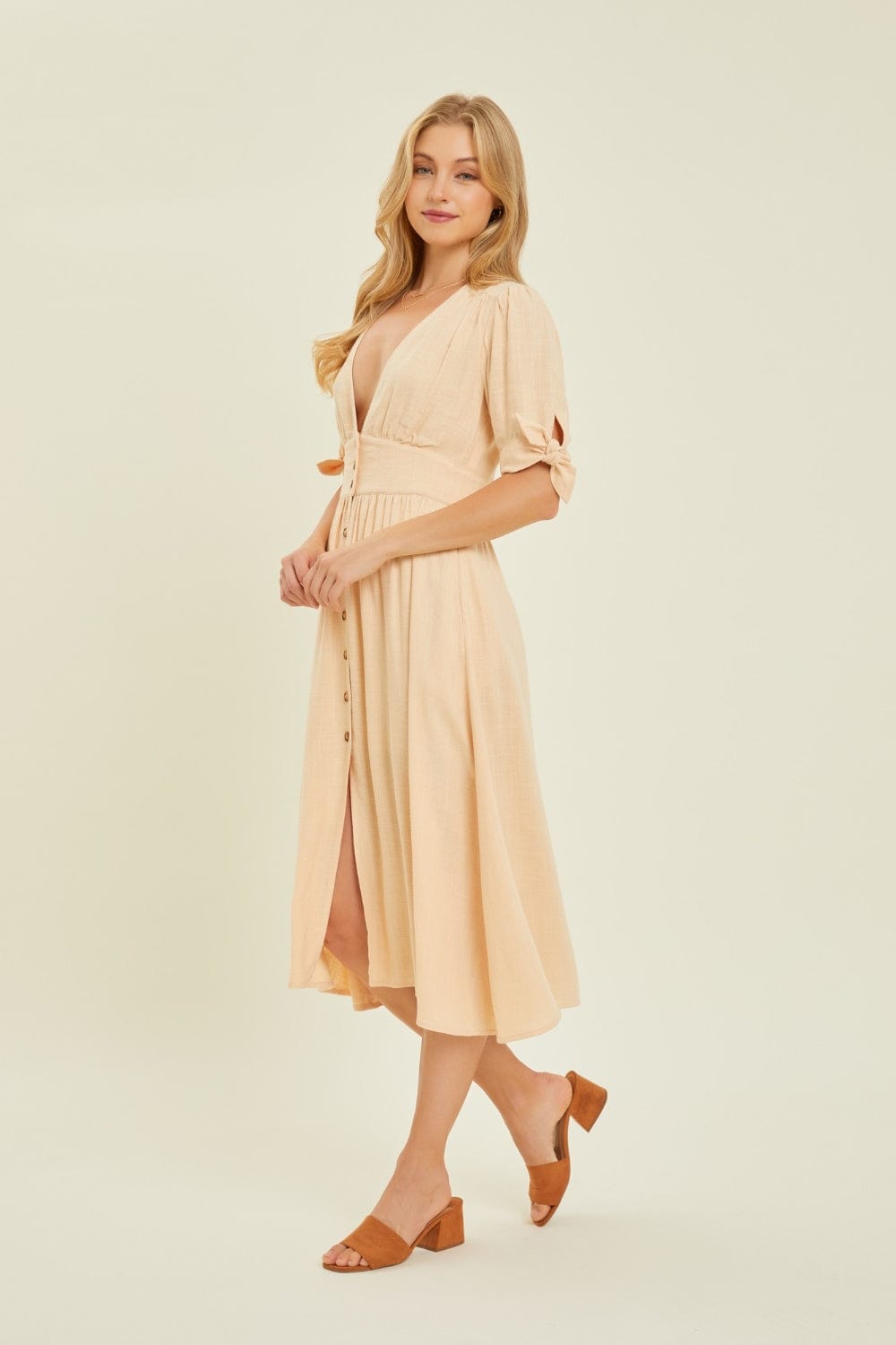 Trendsi HEYSON Full Size Textured Linen V-Neck Button-Down Midi Dress HEYSON Full Size Textured Linen V-Neck Button-Down Midi Dress