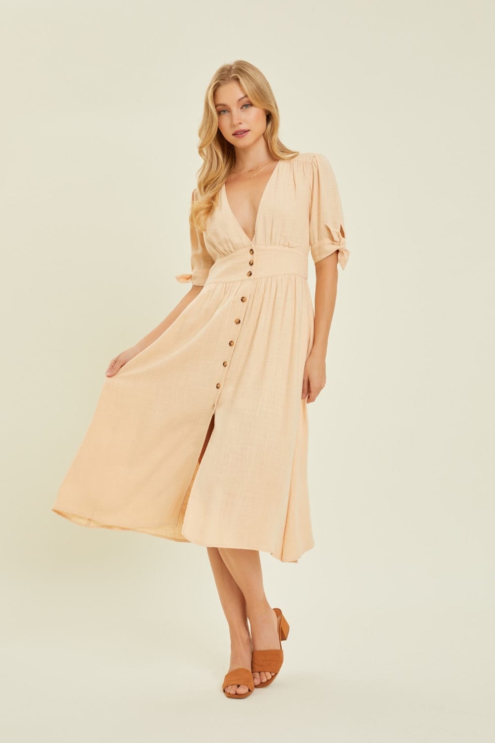 Trendsi HEYSON Full Size Textured Linen V-Neck Button-Down Midi Dress HEYSON Full Size Textured Linen V-Neck Button-Down Midi Dress
