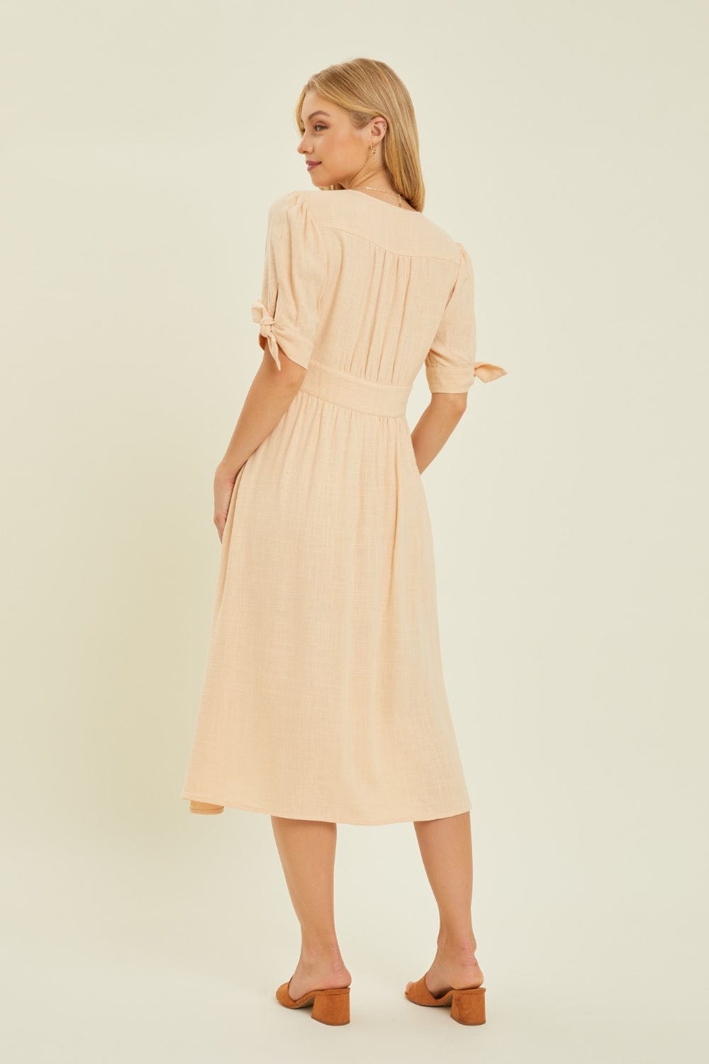 Trendsi HEYSON Full Size Textured Linen V-Neck Button-Down Midi Dress HEYSON Full Size Textured Linen V-Neck Button-Down Midi Dress