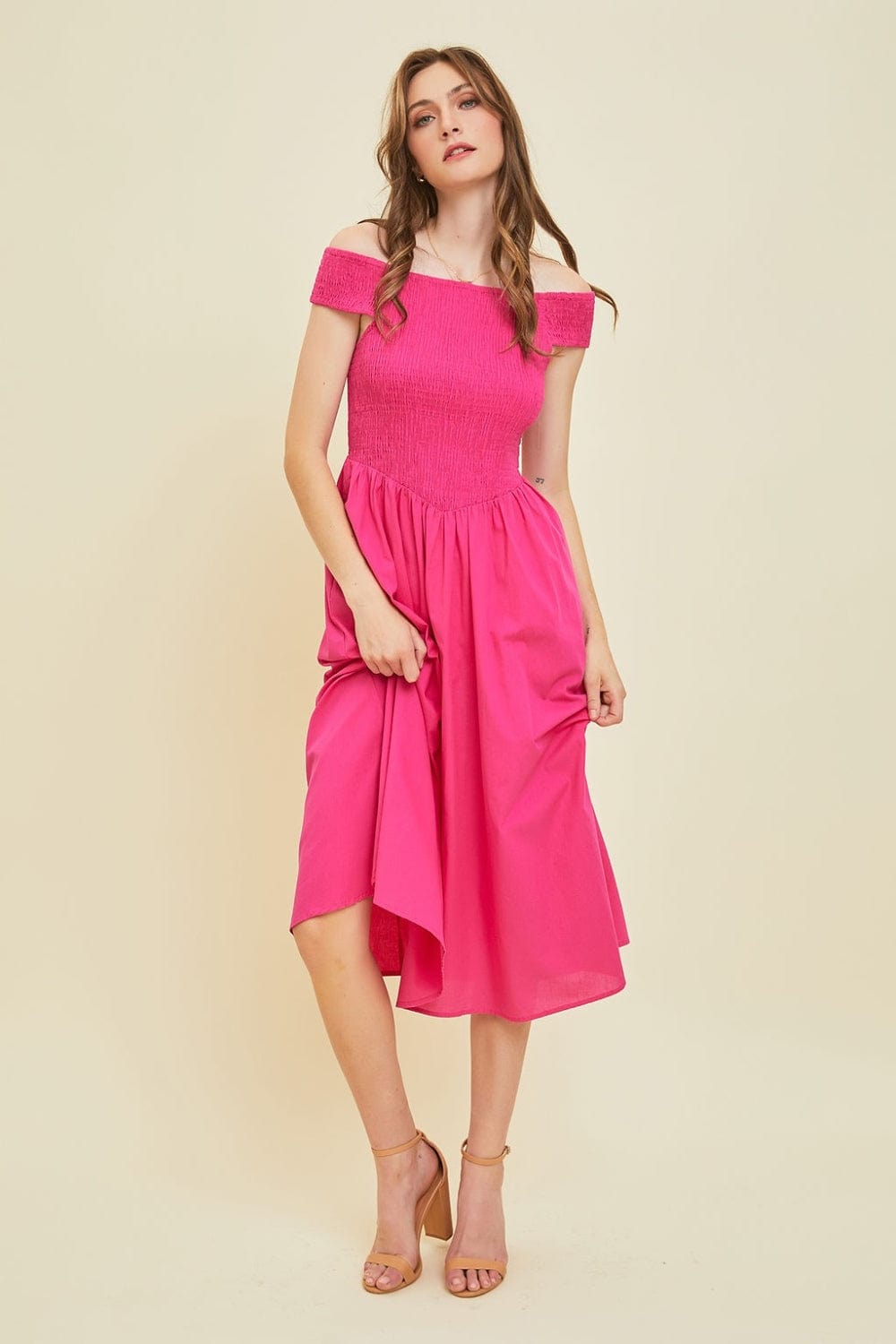 Trendsi HEYSON Off-Shoulder Smocked Midi Dress HEYSON Off-Shoulder Smocked Midi Dress