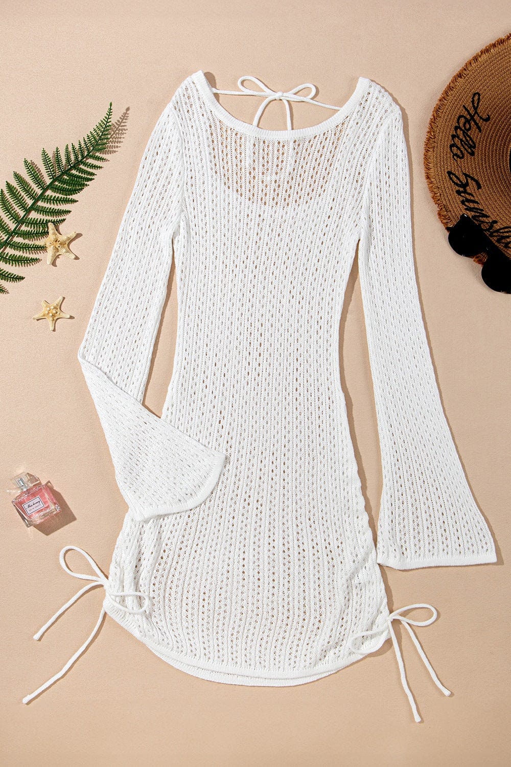 Trendsi Hollow Out Bell Sleeve Drawstring Knit Cover Up Dress Hollow Out Bell Sleeve Drawstring Knit Cover Up Dress