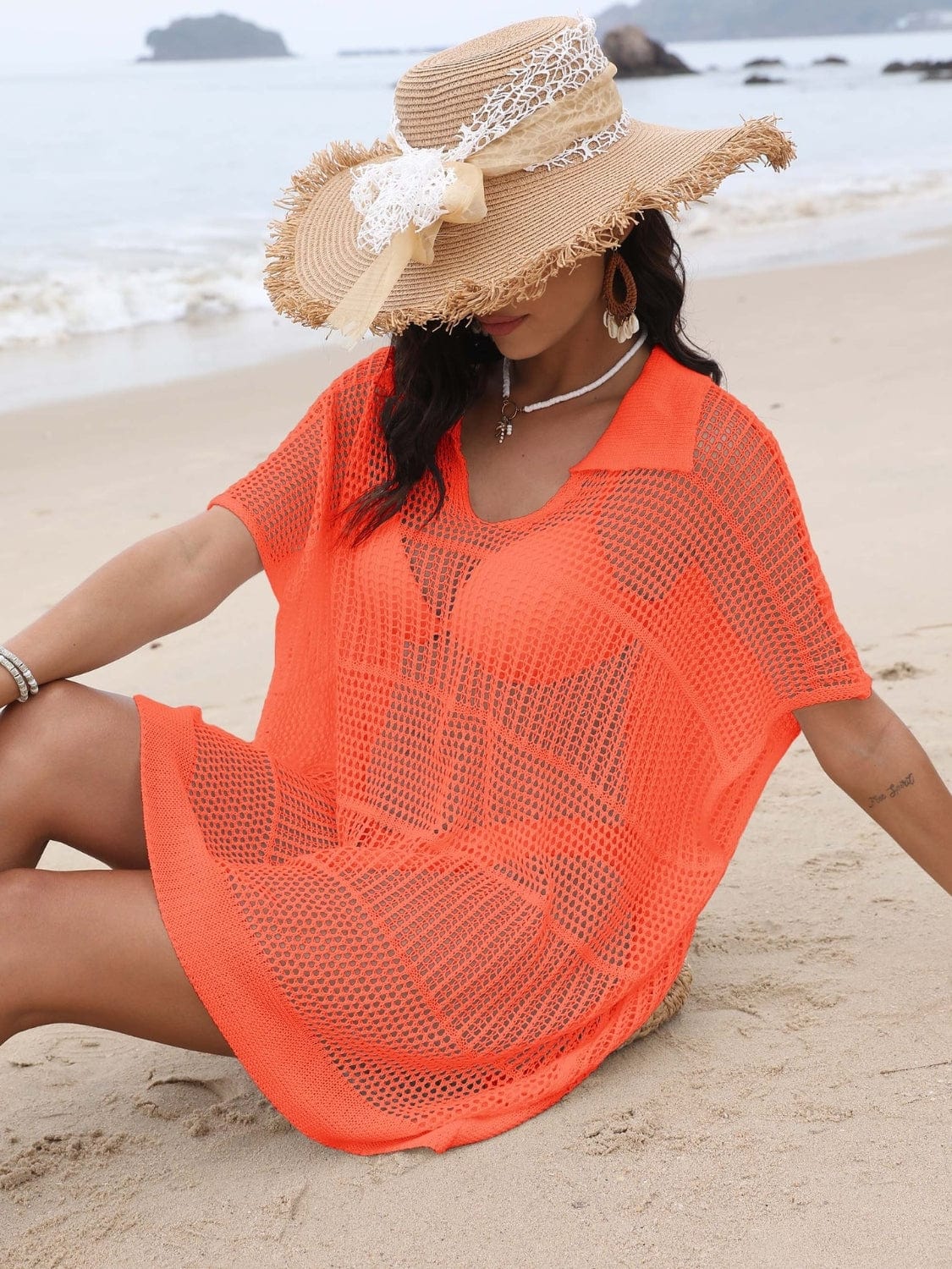 Trendsi Hollow Out Collared Neck Cover-Up Hollow Out Collared Neck Cover-Up