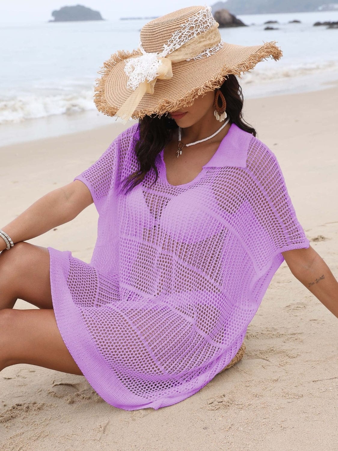 Trendsi Hollow Out Collared Neck Cover-Up Hollow Out Collared Neck Cover-Up