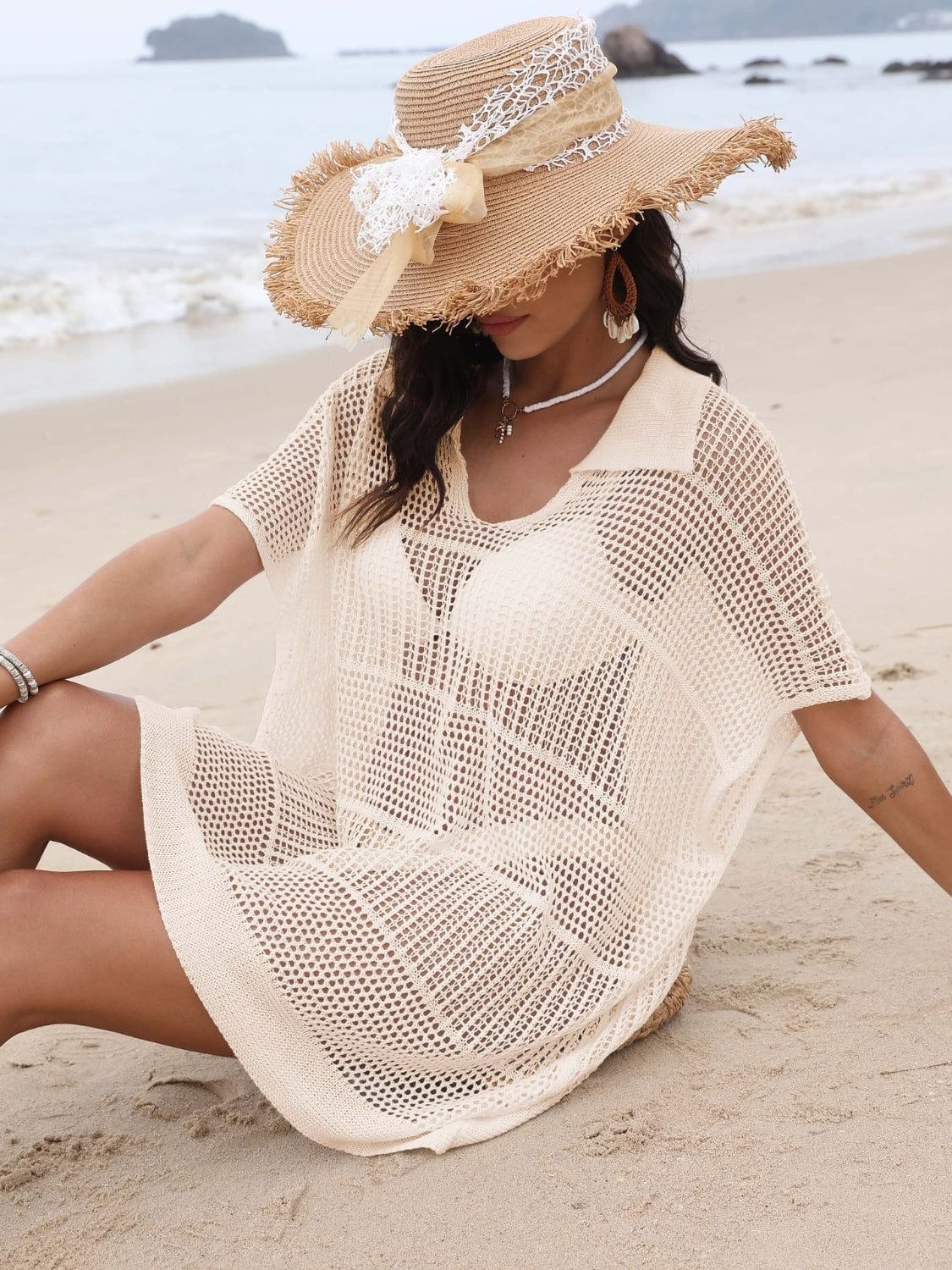 Trendsi Hollow Out Collared Neck Cover-Up Hollow Out Collared Neck Cover-Up