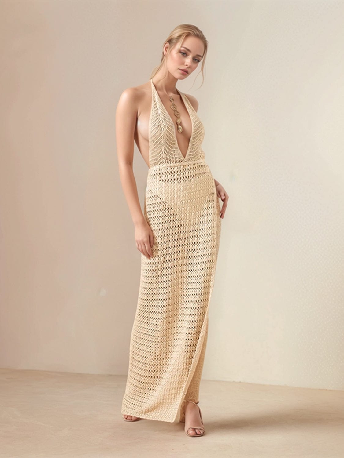 Trendsi Hollow Out Halter Neck Cover-Up Dress Hollow Out Halter Neck Cover-Up Dress