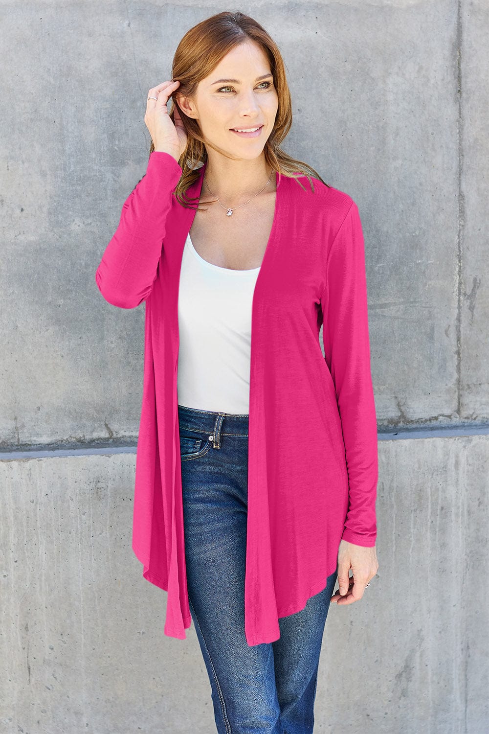 Trendsi Hot Pink / S Basic Bae Full Size Open Front Long Sleeve Cardigan Basic Bae Full Size Open Front Long Sleeve Cardigan