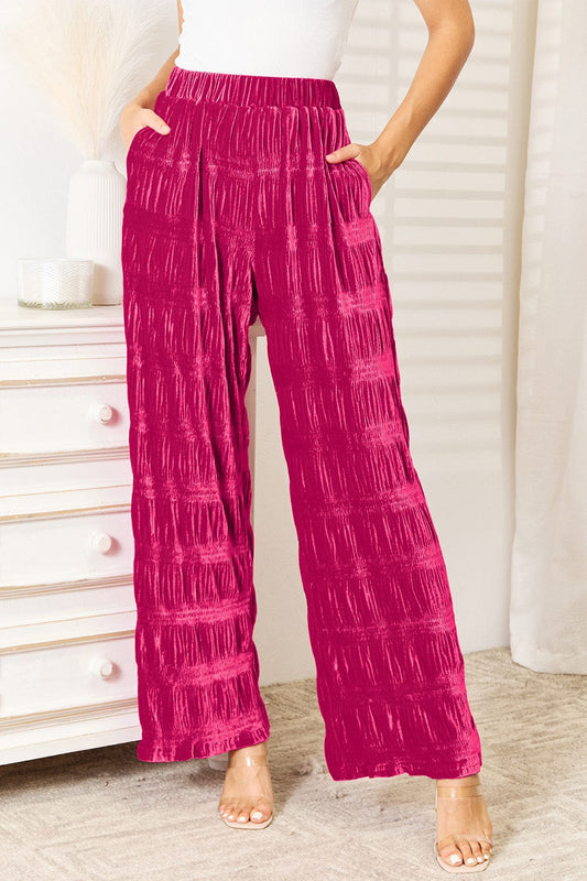 Trendsi Hot Pink / S Double Take Full Size High Waist Tiered Shirring Velvet Wide Leg Pants Double Take Full Size High Waist Tiered Shirring Velvet Wide Leg Pants