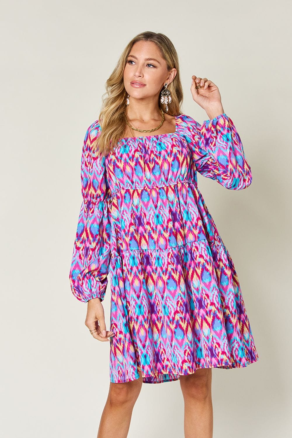 Trendsi Hot Pink / S Double Take Full Size Printed Long Sleeve Dress Double Take Full Size Printed Long Sleeve Dress