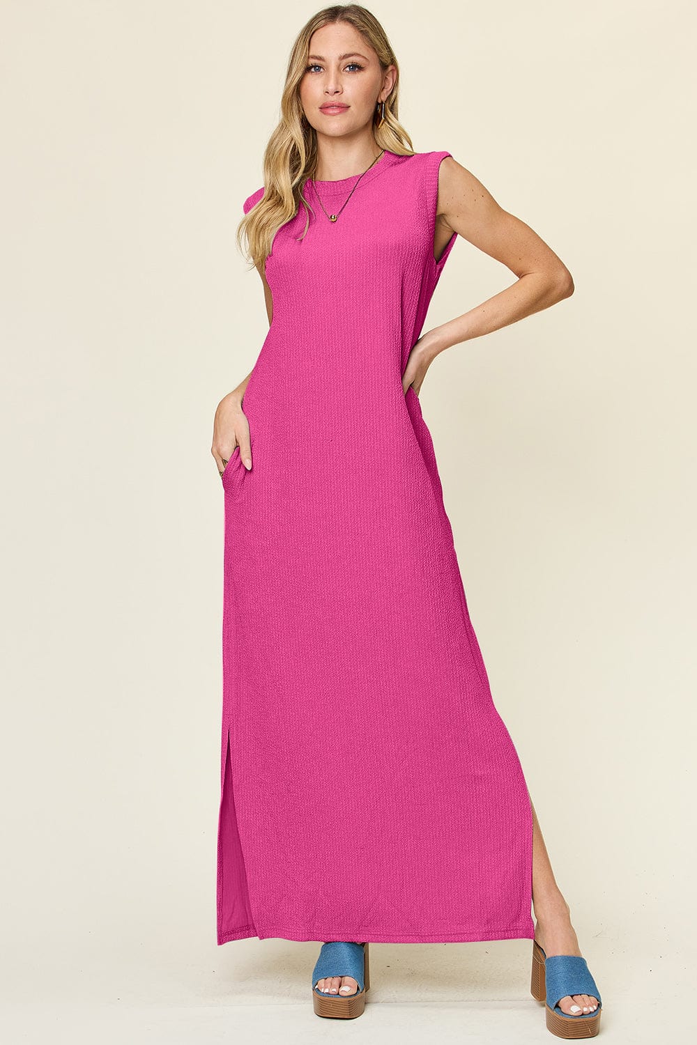 Trendsi Hot Pink / S Double Take Full Size Texture Mock Neck Sleeveless Maxi Dress Double Take Full Size Texture Mock Neck Sleeveless Maxi Dress
