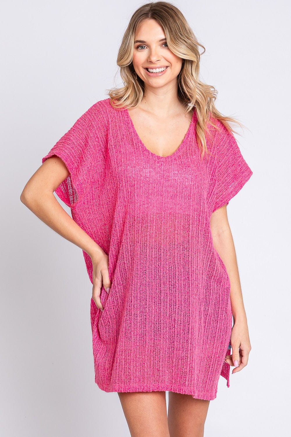 Trendsi HOT PINK / S GeeGee Short Sleeve Side Slit Knit Cover Up Dress GeeGee Short Sleeve Side Slit Knit Cover Up Dress