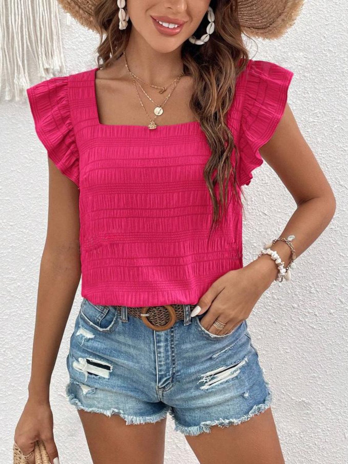 Trendsi Hot Pink / S Ruffled Square Neck Cap Sleeve Blouse Ruffled Square Neck Cap Sleeve Blouse