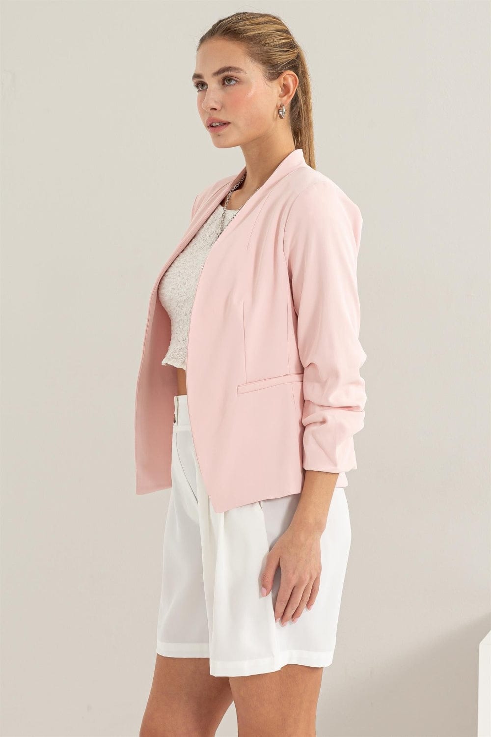 Trendsi HYFVE Open Front Ruched Sleeve Blazer HYFVE Open Front Ruched Sleeve Blazer