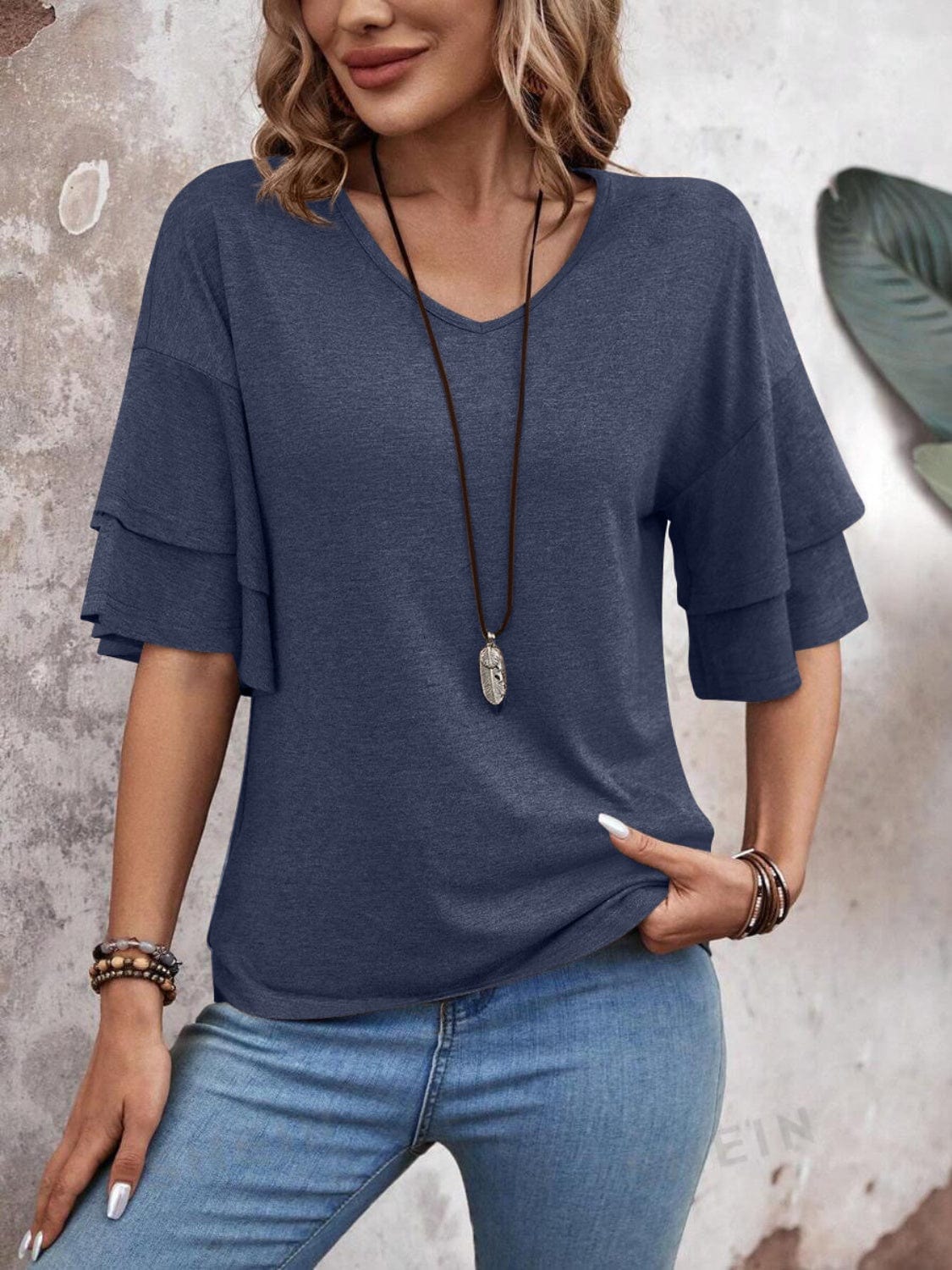 Trendsi Indigo / S V-Neck Half Sleeve Blouse V-Neck Half Sleeve Blouse