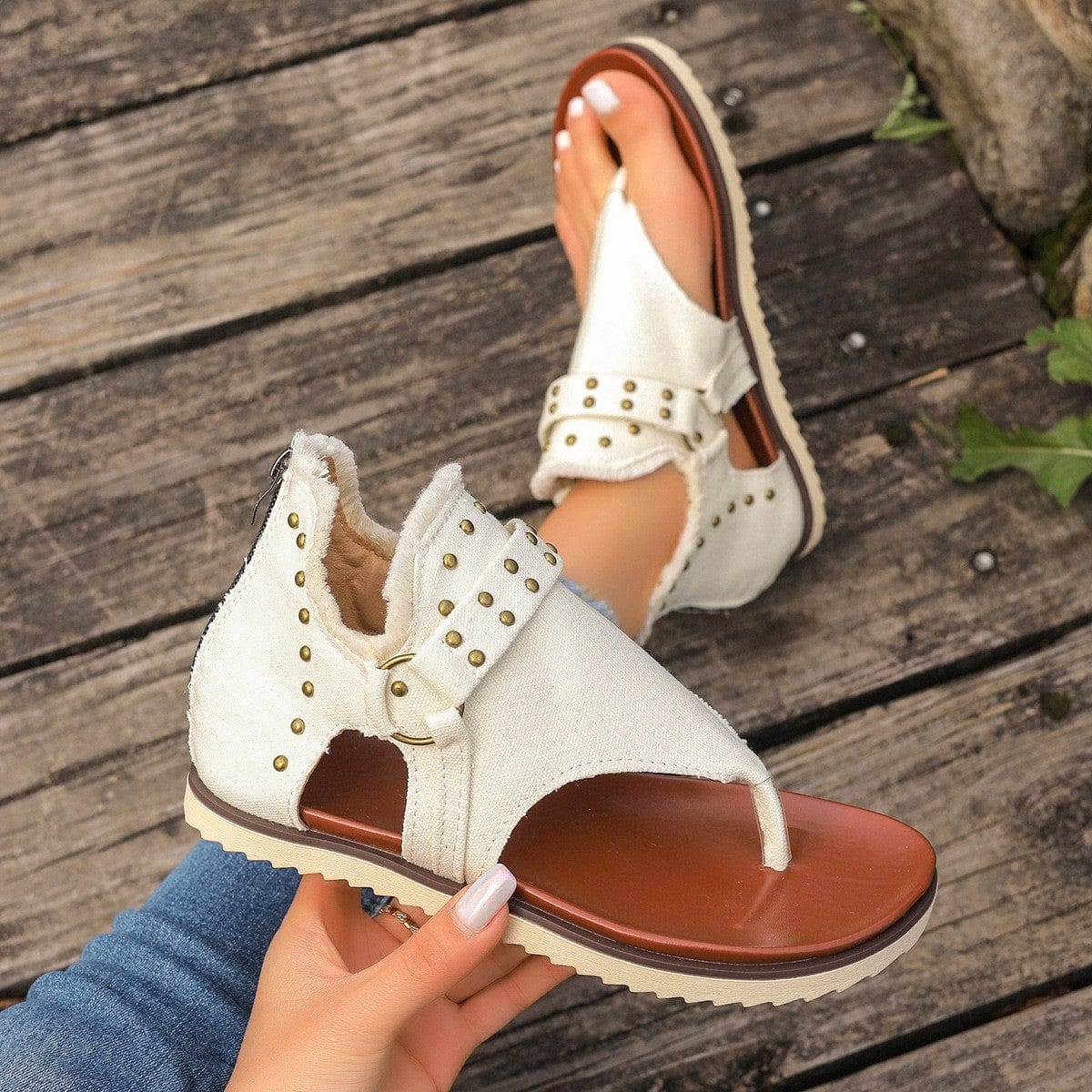 Trendsi Ivory / 36(US5) Studded Raw Hem Flat Sandals Studded Raw Hem Flat Sandals