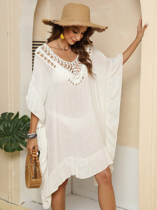 Trendsi Ivory / One Size Cutout Ruffled Half Sleeve Cover-Up Cutout Ruffled Half Sleeve Cover-Up
