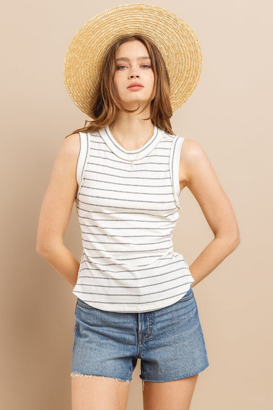 Trendsi Ivory / S Ces Femme Striped Round Neck Tank Ces Femme Striped Round Neck Tank