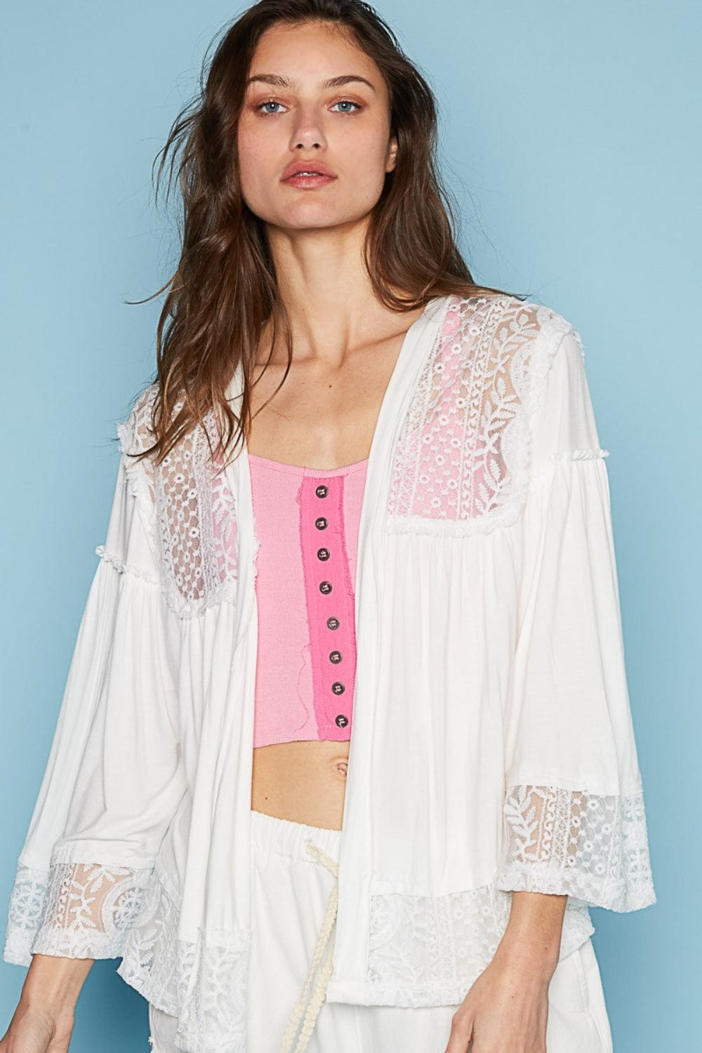 Trendsi Ivory / S POL Open Front Lace Detail Cardigan POL Open Front Lace Detail Cardigan