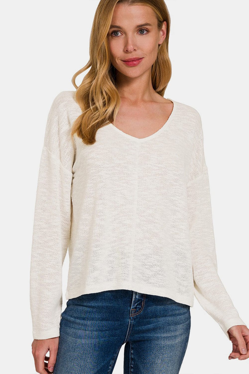 Trendsi Ivory / S Zenana V-Neck Dropped Shoulder Long Sleeve T-Shirt Zenana V-Neck Dropped Shoulder Long Sleeve T-Shirt