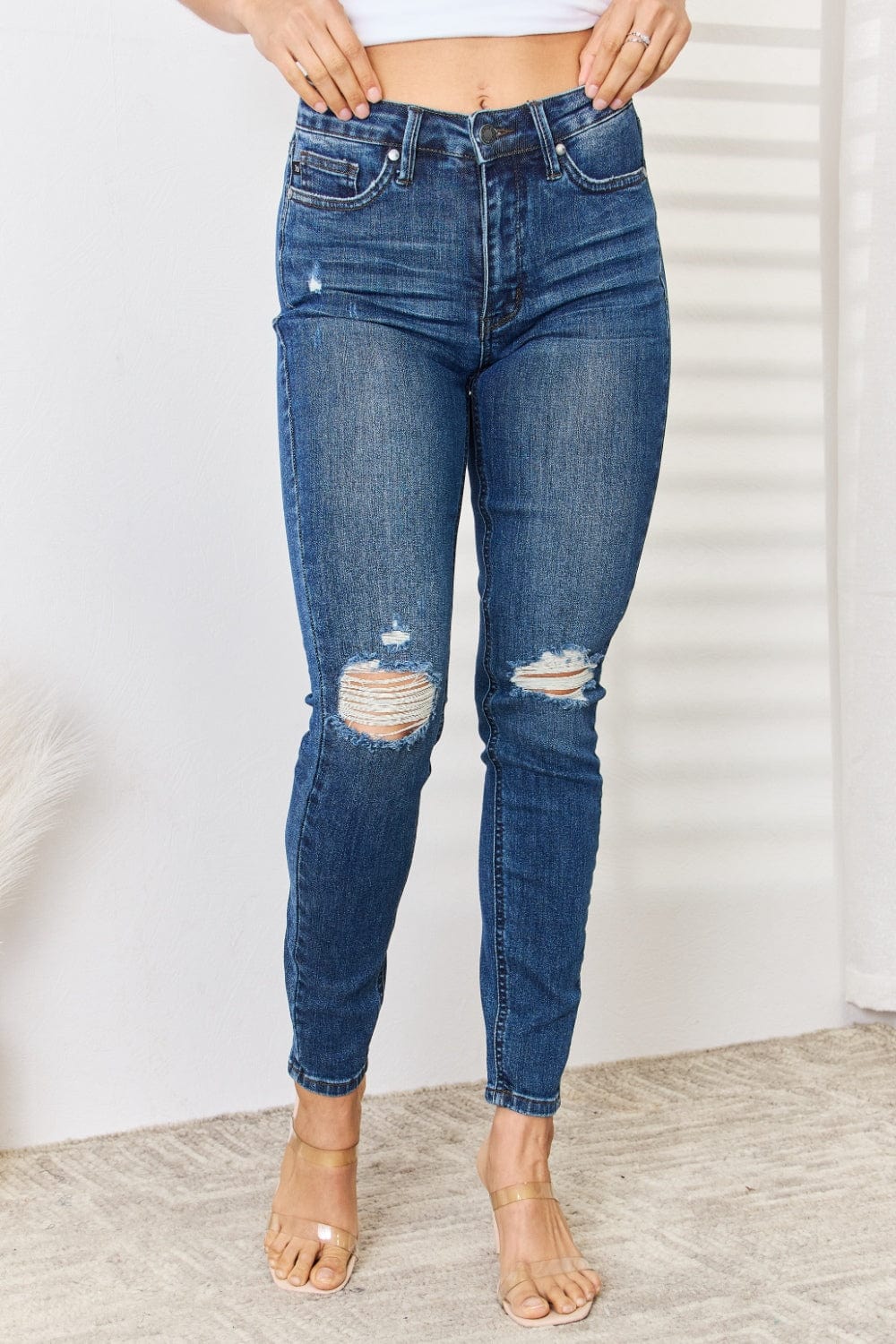 Trendsi Judy Blue Full Size Mid Waist Distressed Slim Jeans Judy Blue Full Size Mid Waist Distressed Slim Jeans