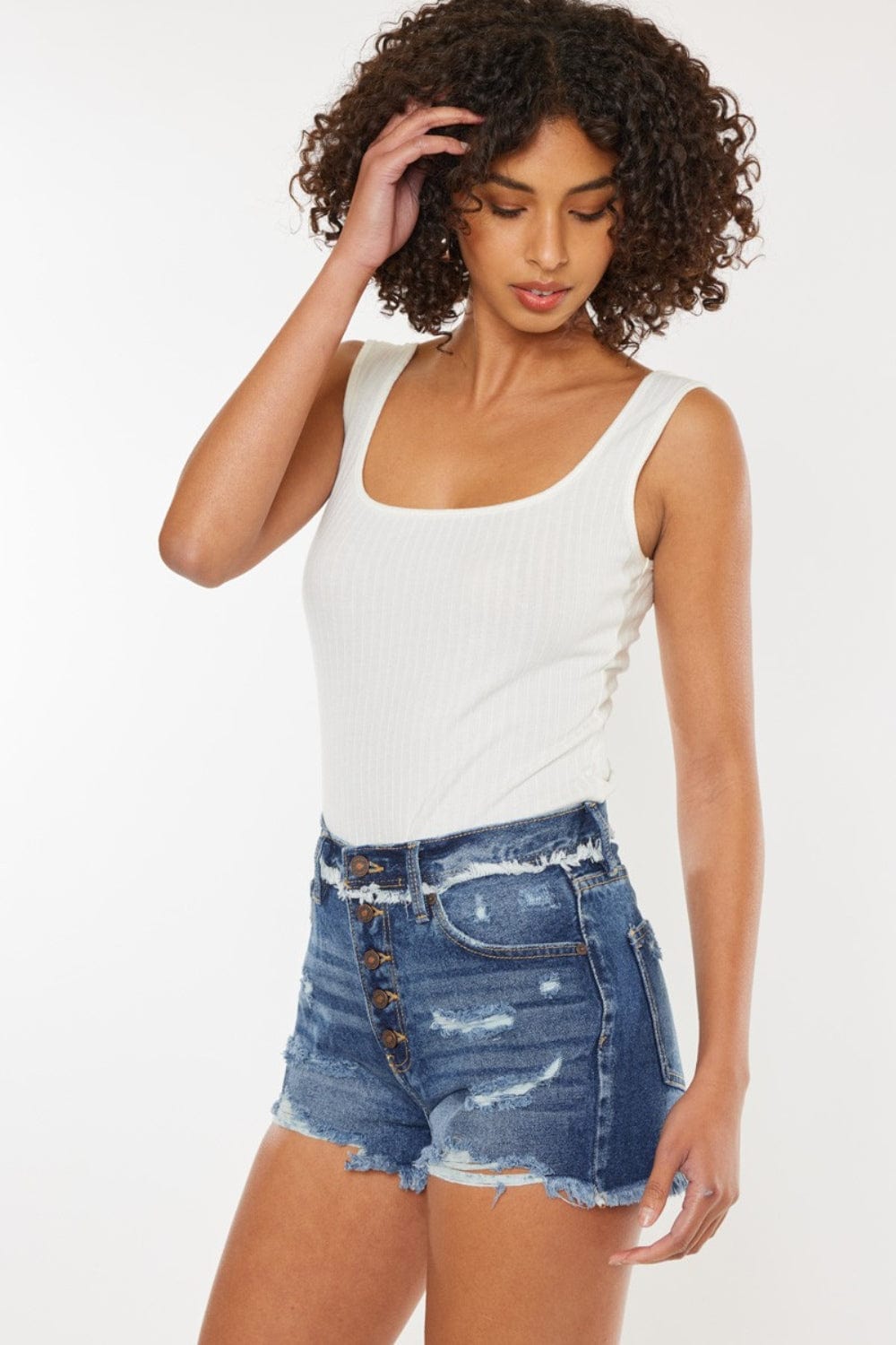 Trendsi Kancan Distressed Button Fly Denim Shorts Kancan Distressed Button Fly Denim Shorts