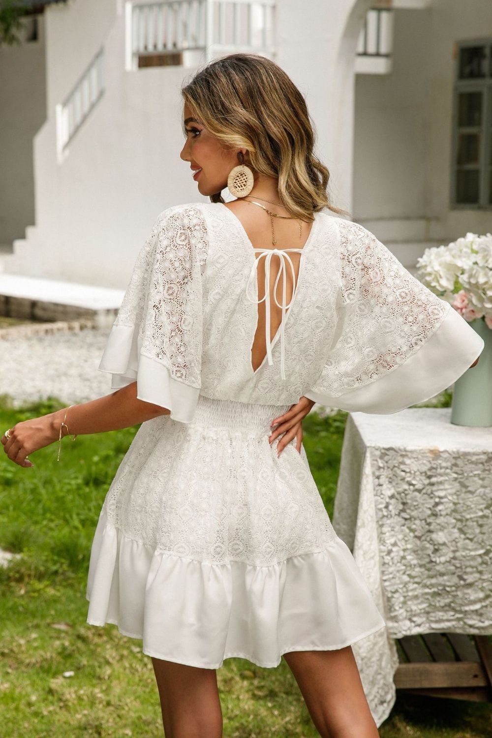 Trendsi Lace Cutout Surplice Half Sleeve Dress Lace Cutout Surplice Half Sleeve Dress