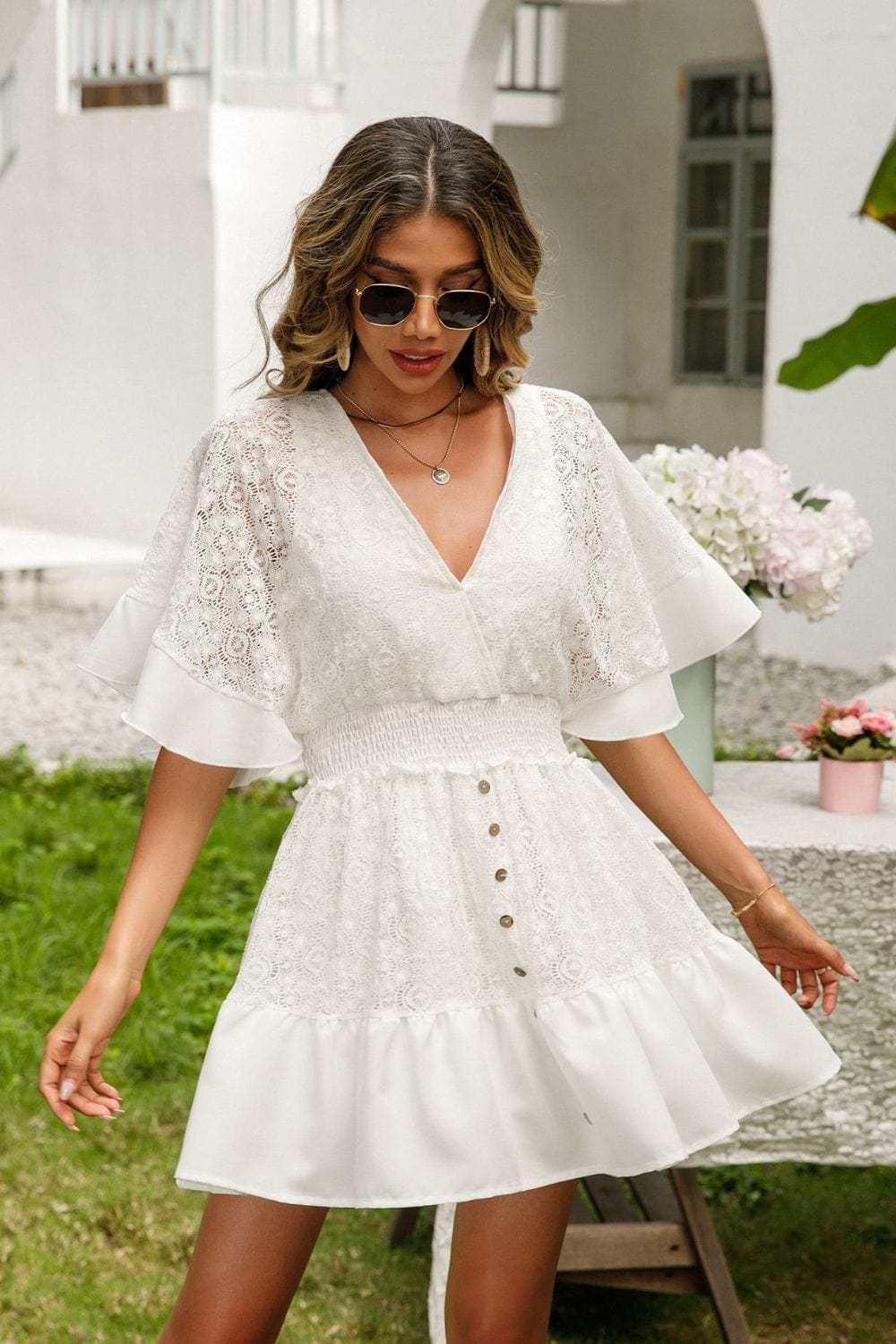 Trendsi Lace Cutout Surplice Half Sleeve Dress Lace Cutout Surplice Half Sleeve Dress