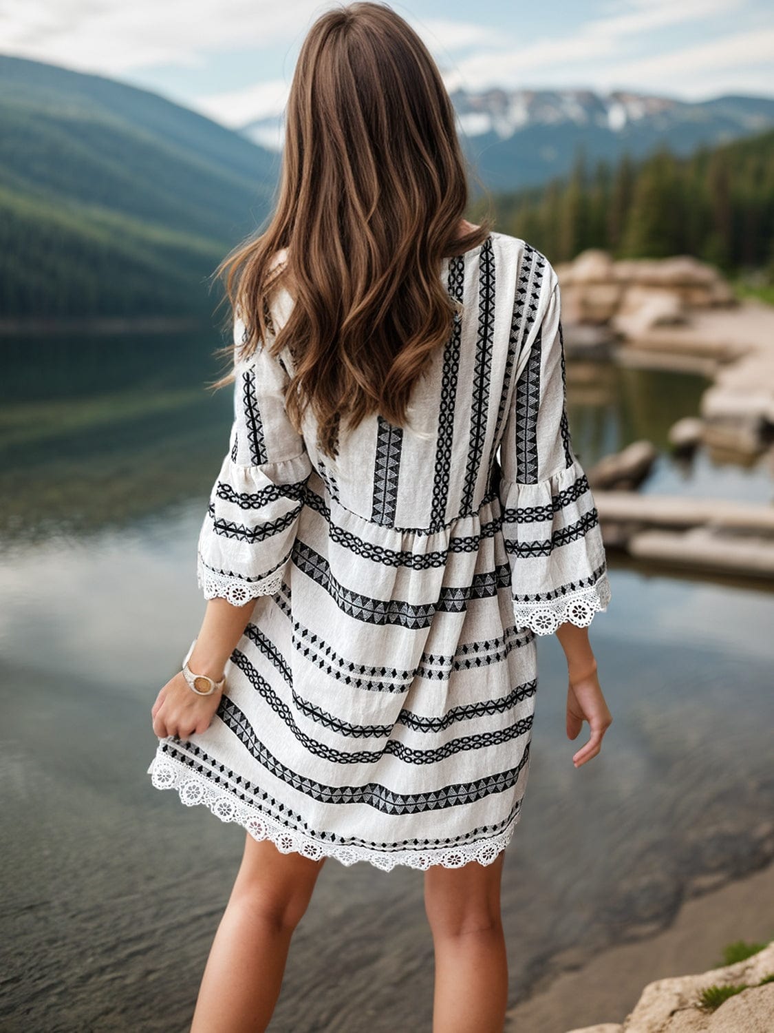 Trendsi Lace Detail Printed Three-Quarter Sleeve Dress Lace Detail Printed Three-Quarter Sleeve Dress