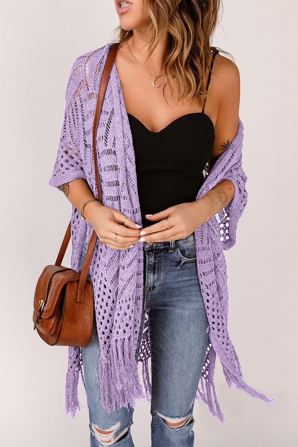 Trendsi Lavender / One Size Openwork Open Front Cardigan with Fringes Openwork Open Front Cardigan with Fringes