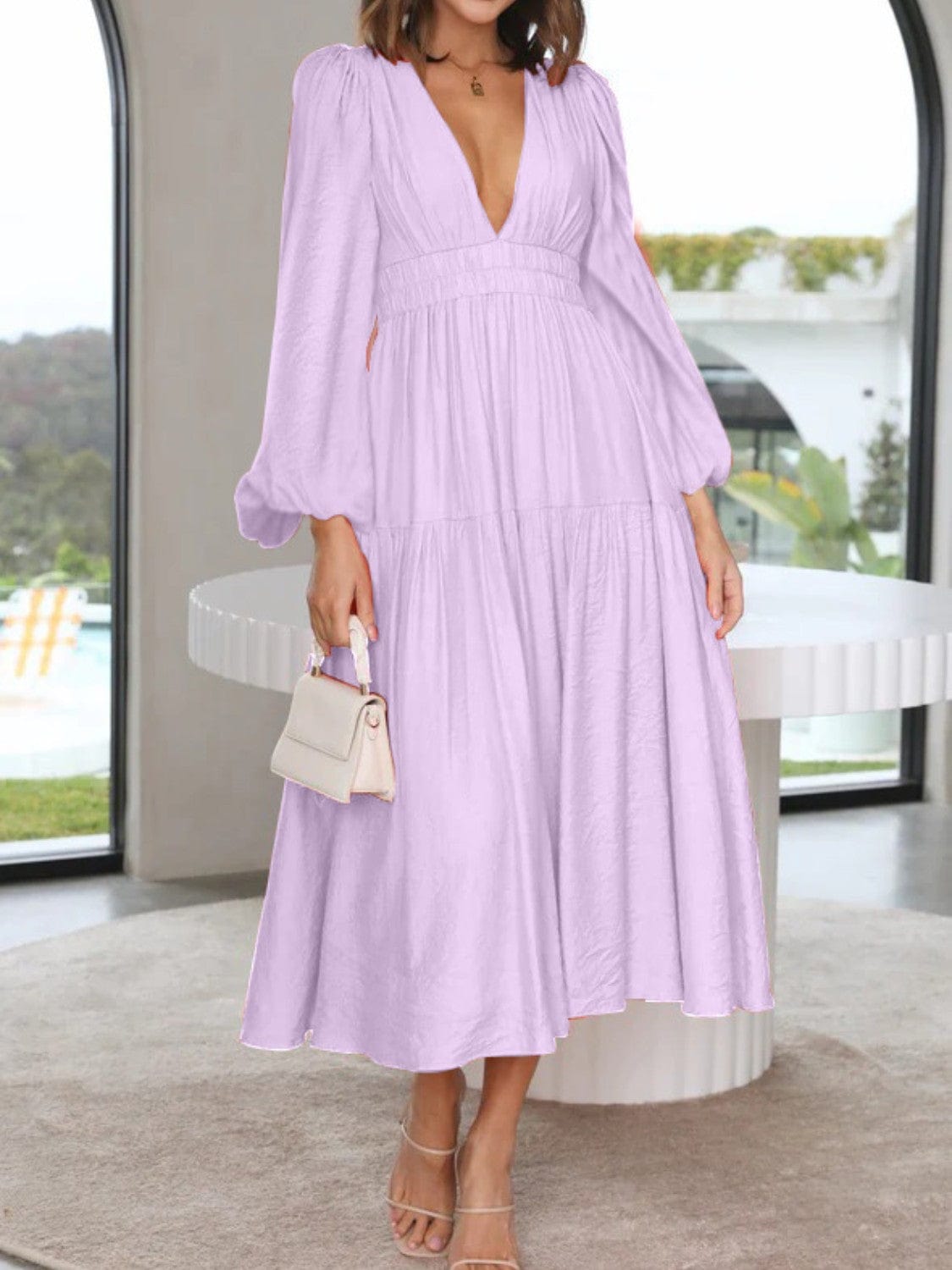 Trendsi Lavender / S Deep V-Neck Balloon Sleeve Plain Maxi Dress Deep V-Neck Balloon Sleeve Plain Maxi Dress