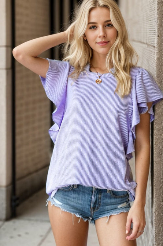 Trendsi Lavender / S Heimish Full Size Ruffled Sleeve Ribbed Top Heimish Full Size Ruffled Sleeve Ribbed Top