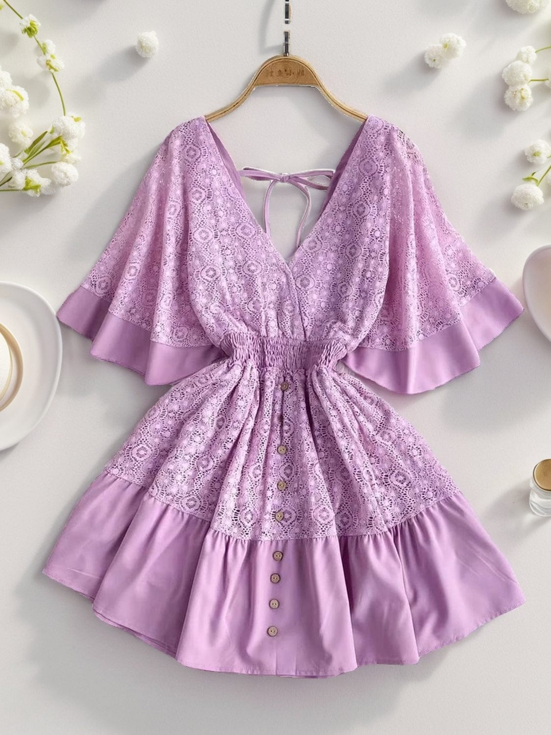 Trendsi Lavender / S Lace Cutout Half Sleeve Mini Dress Lace Cutout Half Sleeve Mini Dress