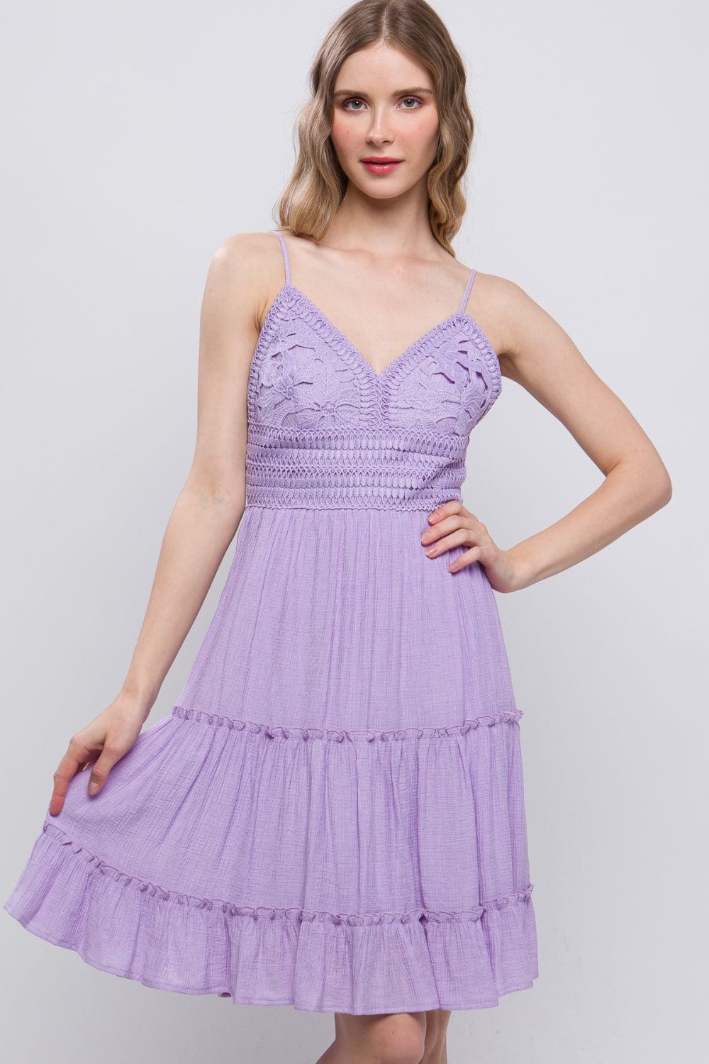 Trendsi LAVENDER / S Love Tree Lace Detail Tied V-Neck Mini Cami Dress Love Tree Lace Detail Tied V-Neck Mini Cami Dress