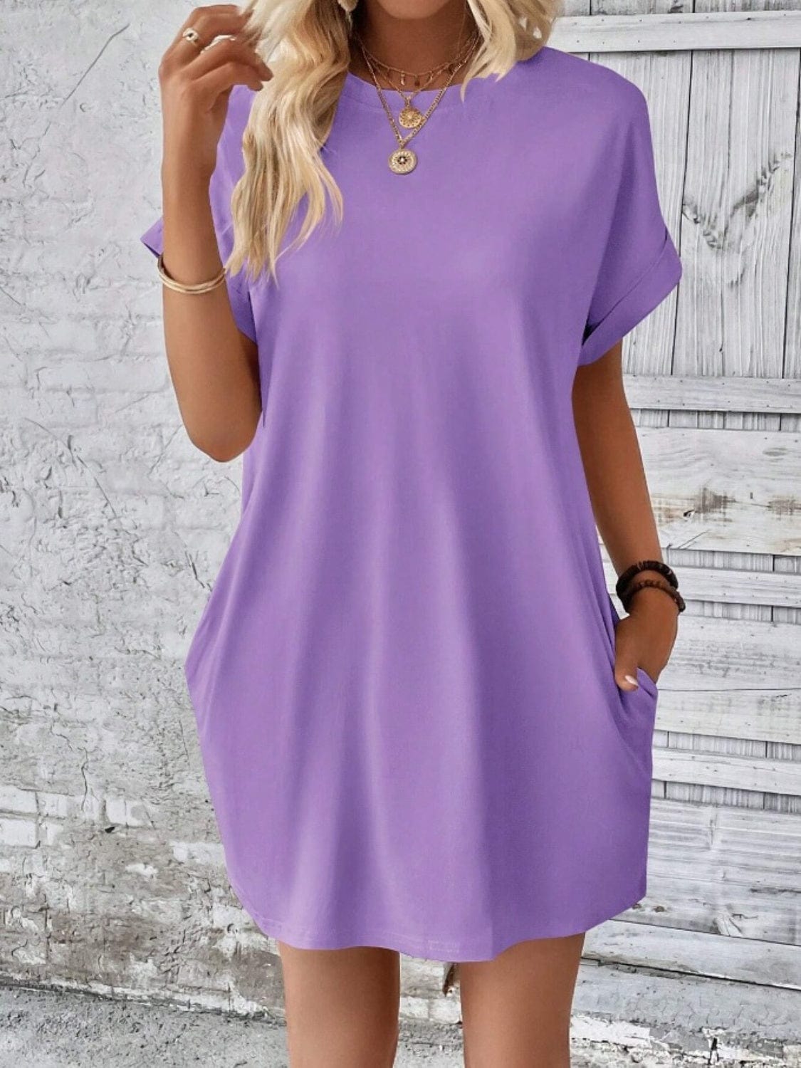 Trendsi Lavender / S Pocketed Round Neck Short Sleeve Dress Pocketed Round Neck Short Sleeve Dress