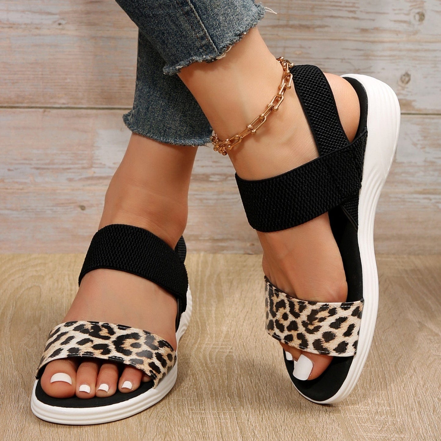 Trendsi Leopard / 36(US5) PU Leather Open Toe Low Heel Sandals PU Leather Open Toe Low Heel Sandals