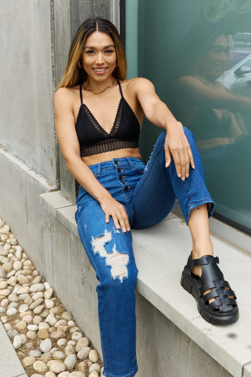 Trendsi Leto Ribbed Lace Boho Racerback Bralette in Black Leto Ribbed Lace Boho Racerback Bralette in Black