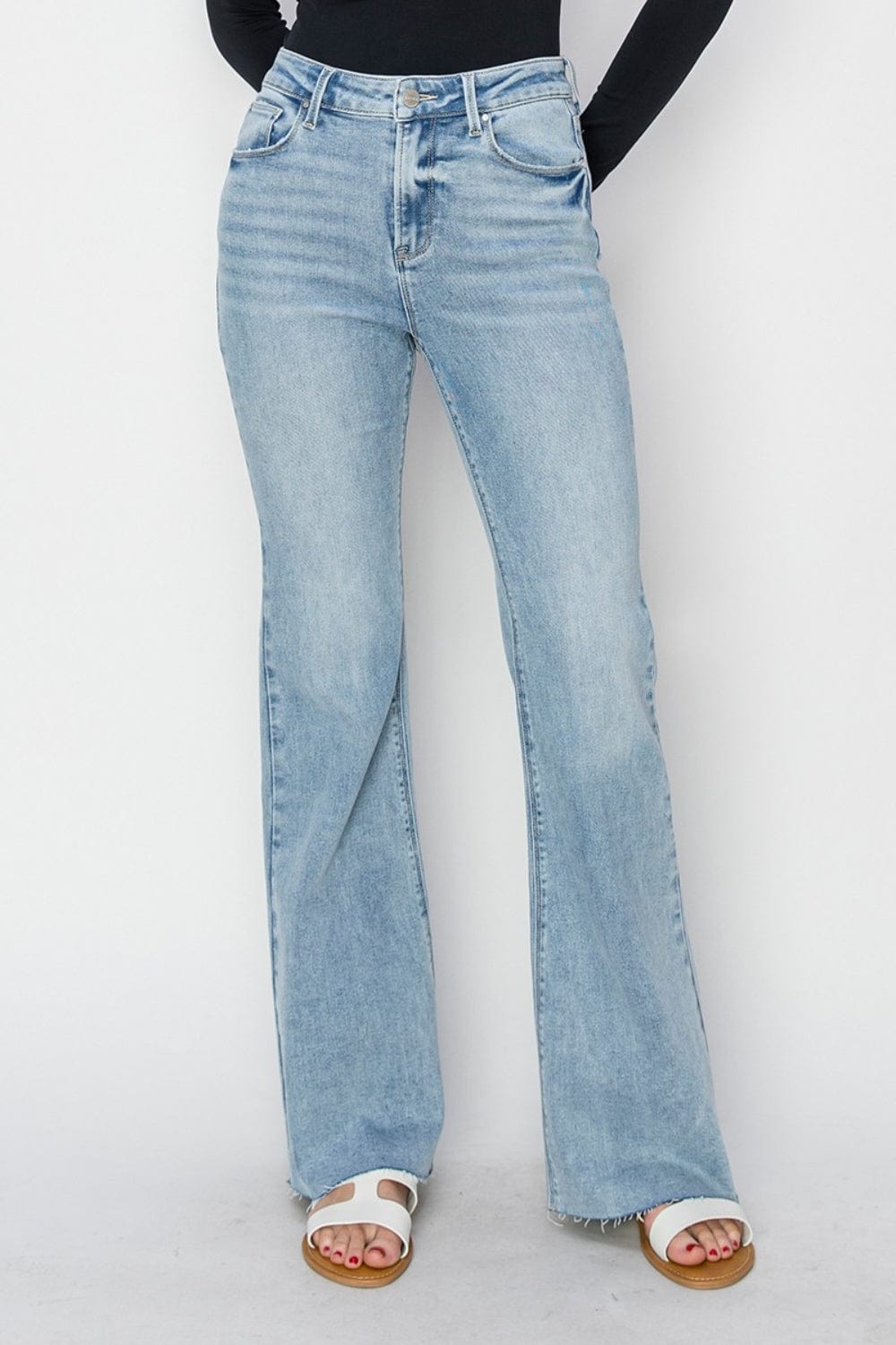 Trendsi Light / 0 RISEN Full Size High Rise Raw Cut Hem Bootcut Jeans RISEN Full Size High Rise Raw Cut Hem Bootcut Jeans