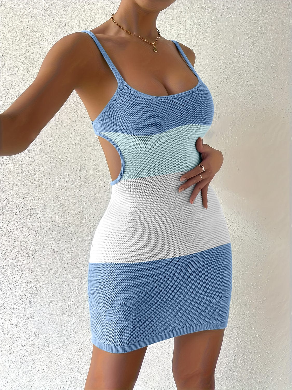 Trendsi Light Blue / M Color Block Scoop Neck Cover Up Dress Color Block Scoop Neck Cover Up Dress