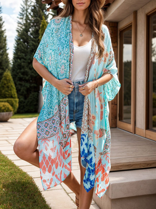 Trendsi Light Blue / One Size Printed Open Front Cover-Up Printed Open Front Cover-Up
