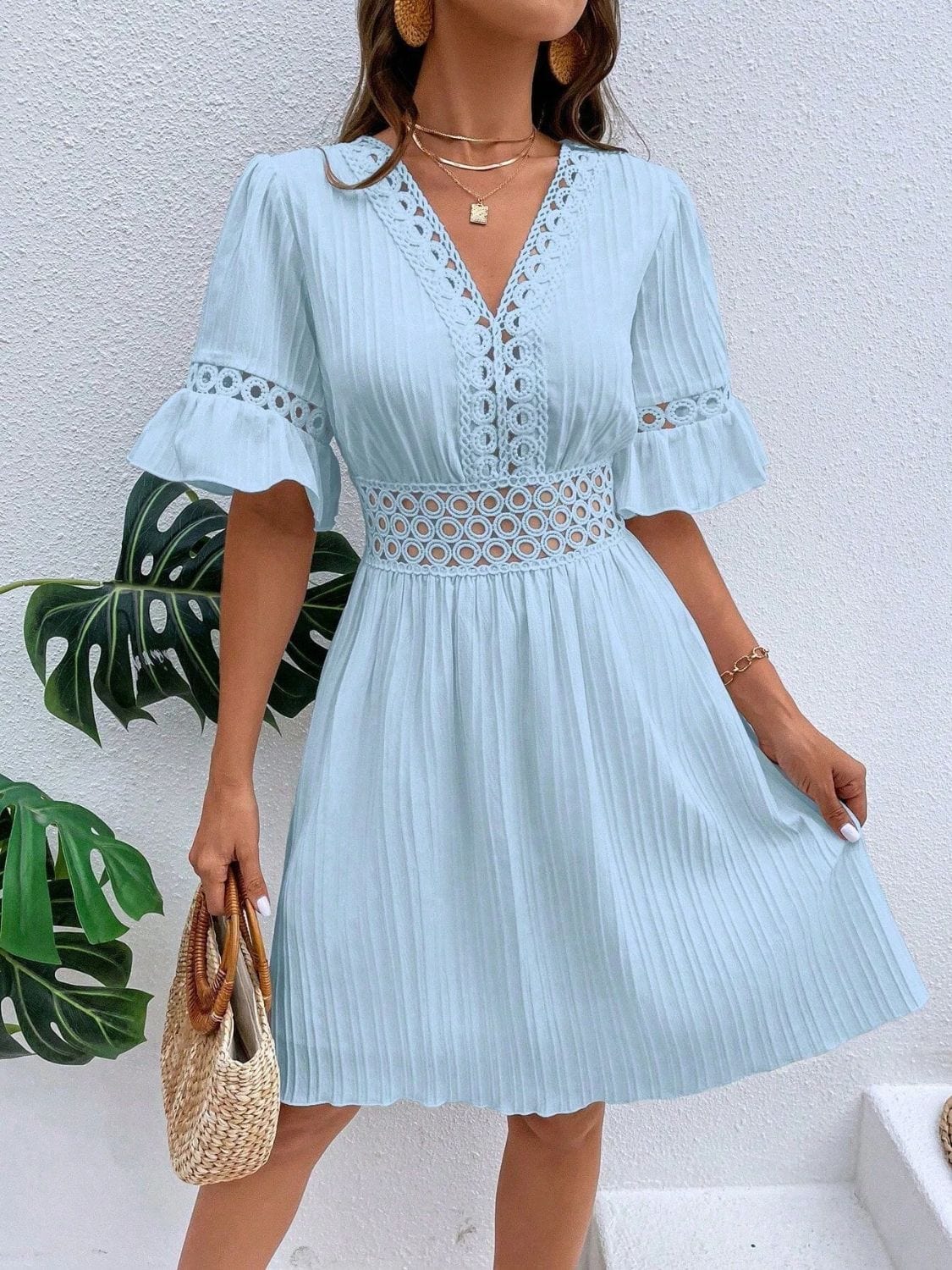 Trendsi Light Blue / S Cutout V-Neck Flounce Sleeve Mini Dress Cutout V-Neck Flounce Sleeve Mini Dress