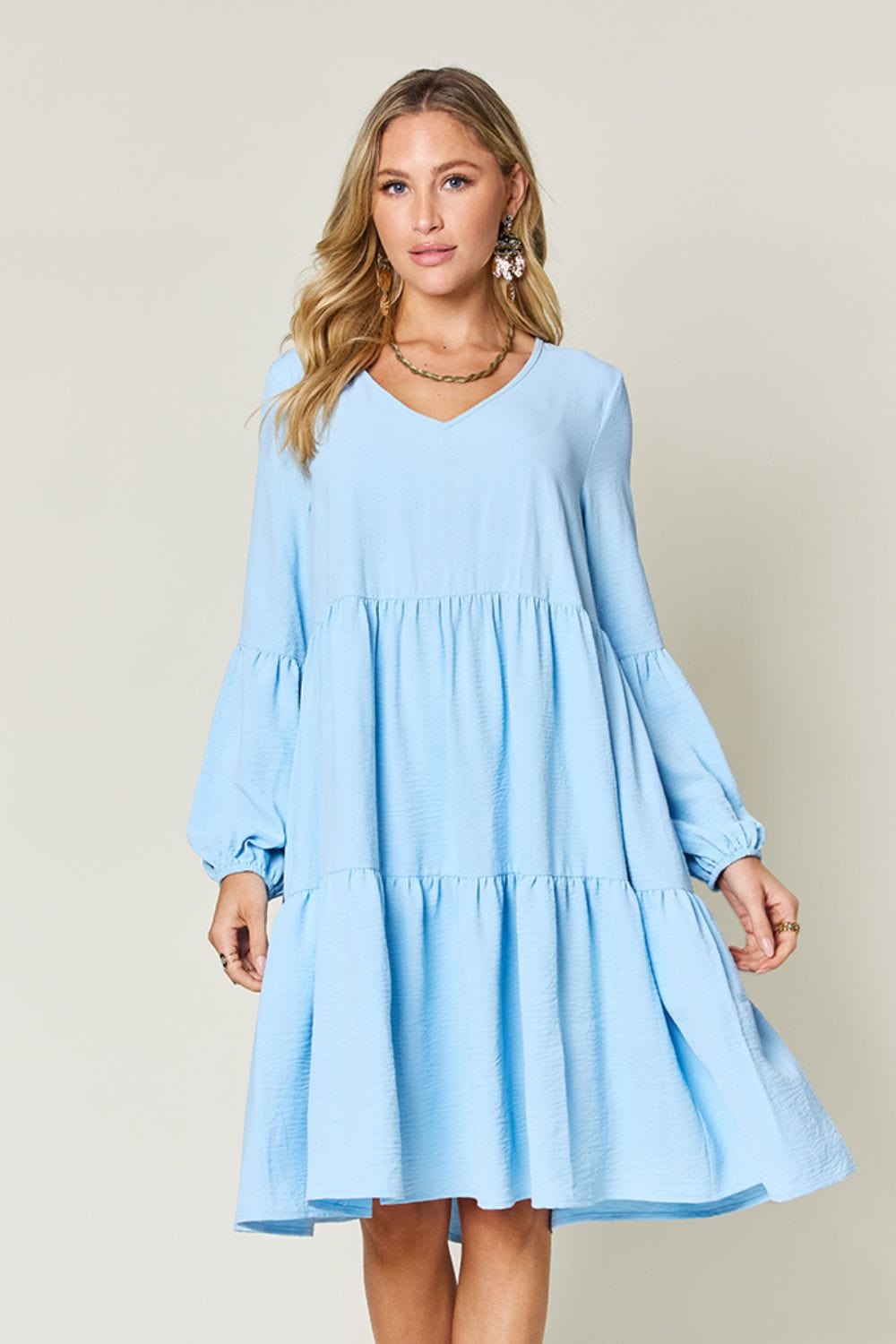 Trendsi Light Blue / S Double Take Full Size V-Neck Balloon Sleeve Tiered Dress Double Take Full Size V-Neck Balloon Sleeve Tiered Dress
