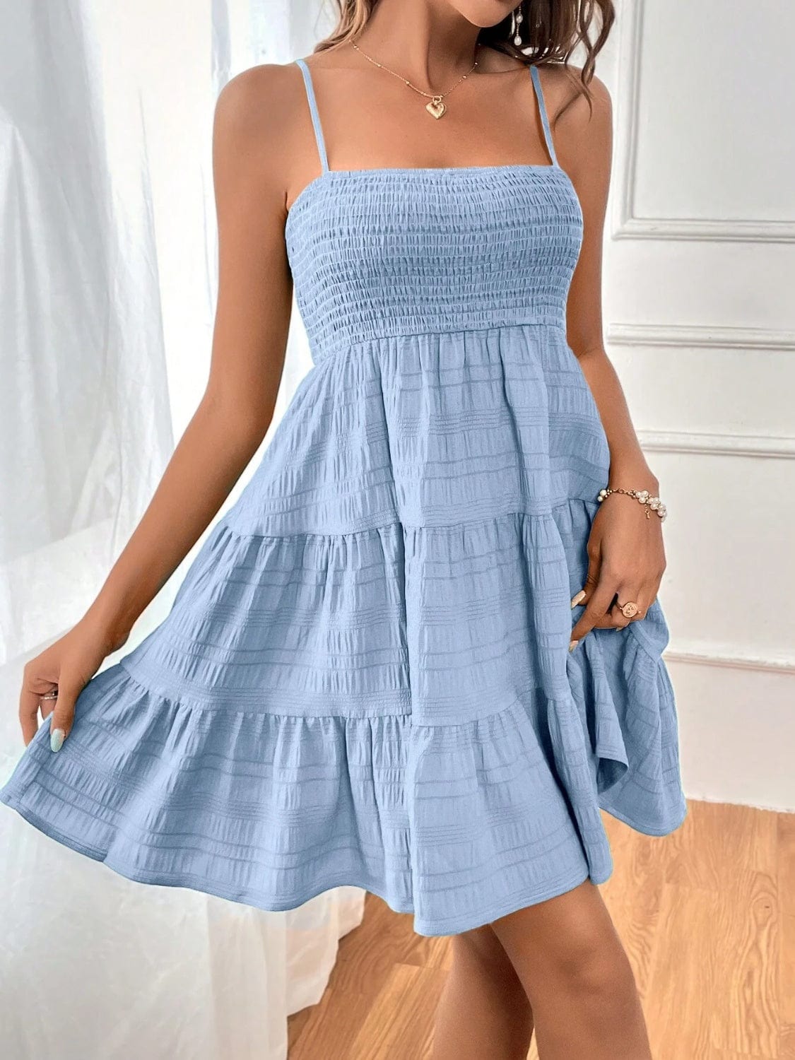 Trendsi Light Blue / S Smocked Tiered Sleeveless Mini Dress Smocked Tiered Sleeveless Mini Dress