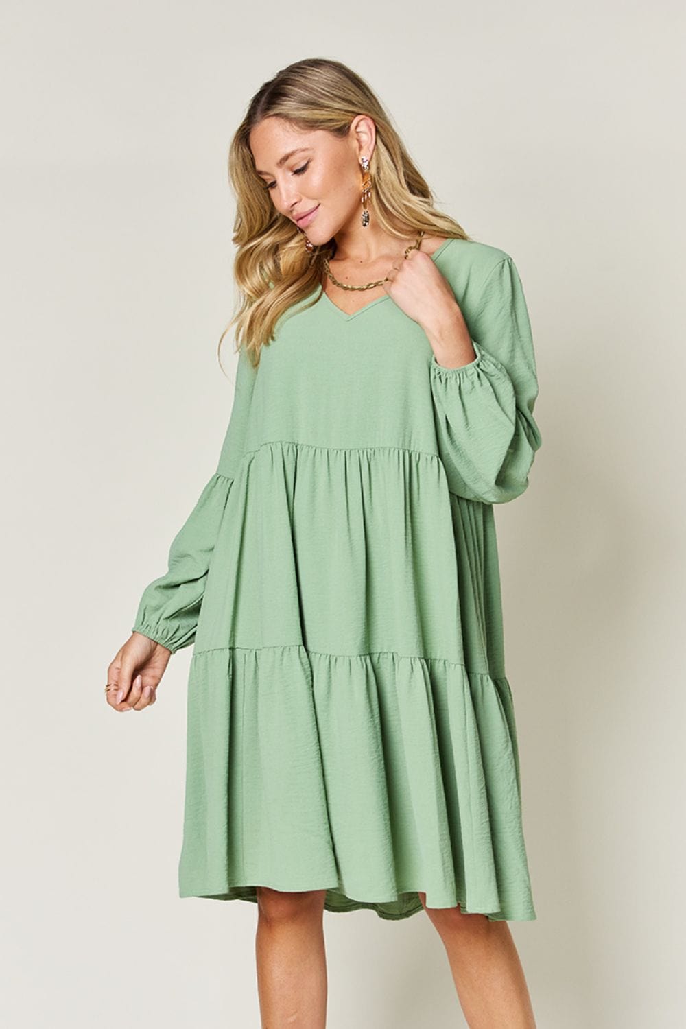 Trendsi Light Green / S Double Take Full Size V-Neck Balloon Sleeve Tiered Dress Double Take Full Size V-Neck Balloon Sleeve Tiered Dress