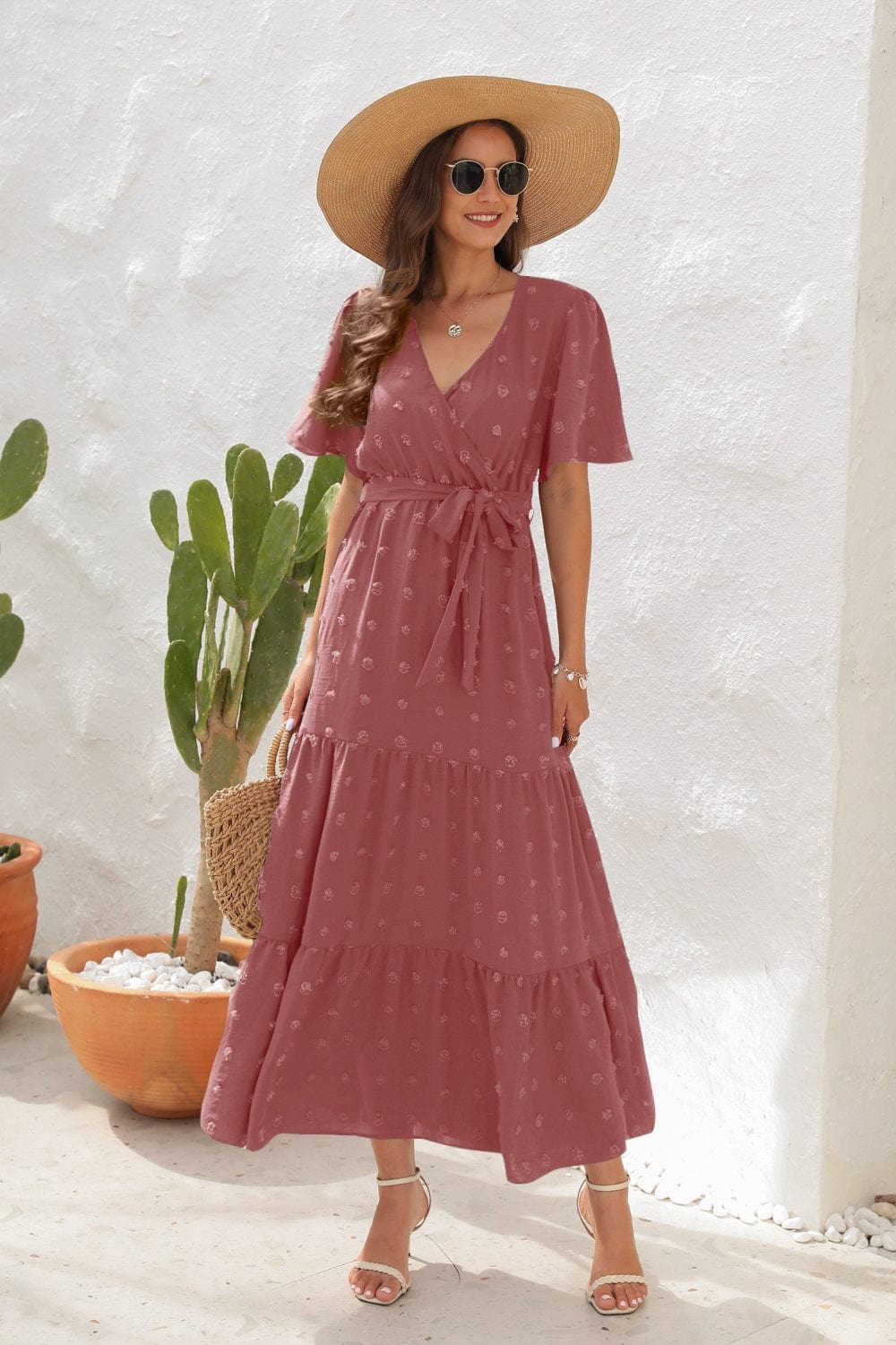 Trendsi Light Mauve / S Swiss Dot Tied Surplice Short Sleeve Dress Swiss Dot Tied Surplice Short Sleeve Dress