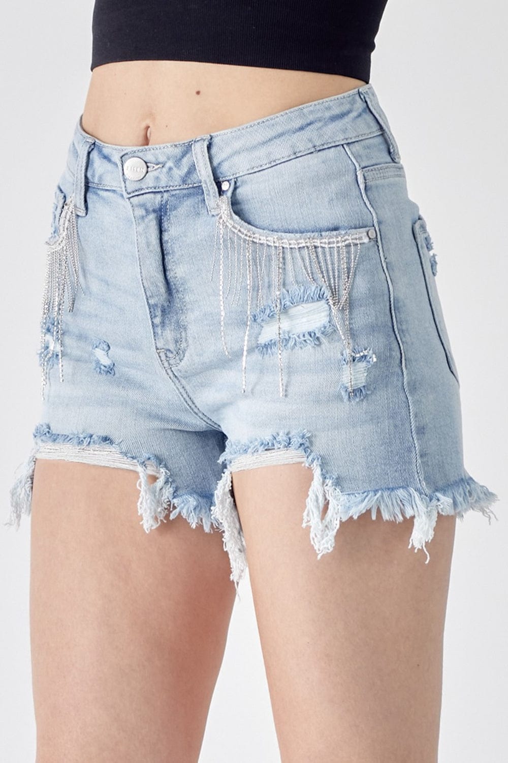 Trendsi LIGHT / S RISEN Frayed Hem Denim Shorts with Fringe Detail Pockets RISEN Frayed Hem Denim Shorts with Fringe Detail Pockets