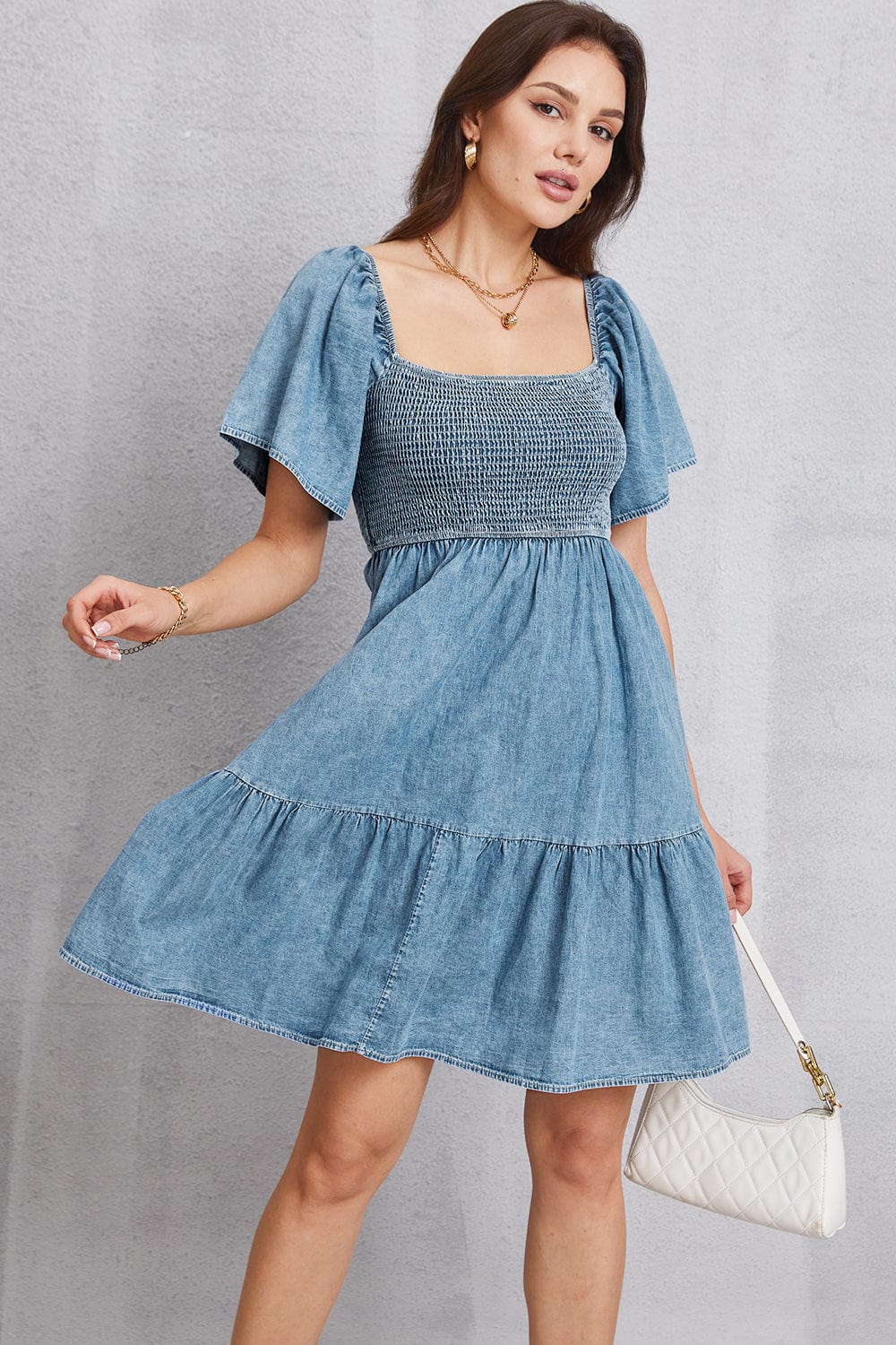 Trendsi Light / S Smocked Square Neck Mini Denim Dress Smocked Square Neck Mini Denim Dress
