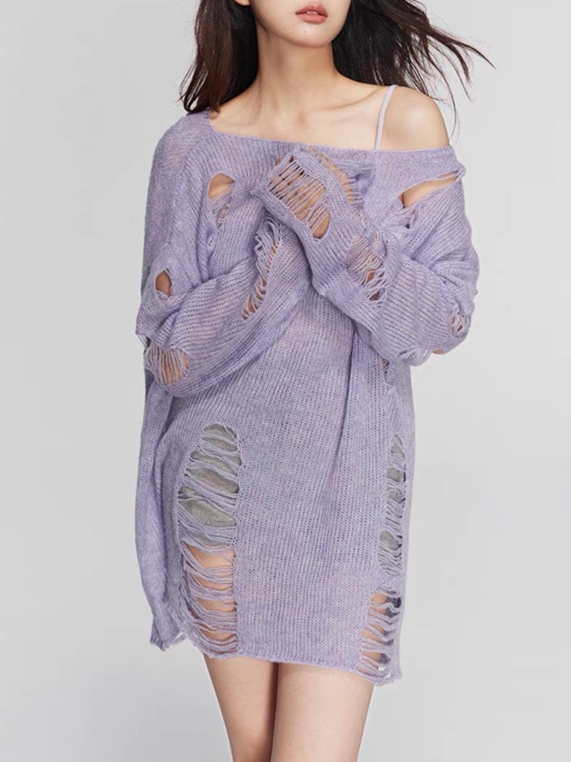 Trendsi Lilac / S Distressed Boat Neck Knit Cover Up Distressed Boat Neck Knit Cover Up