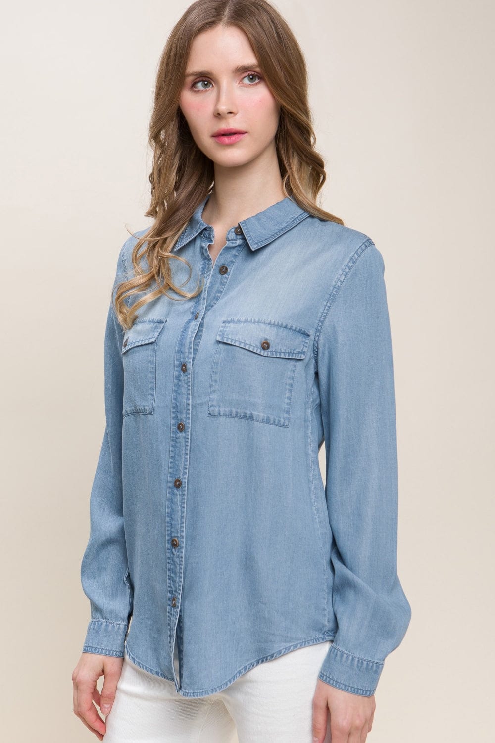 Trendsi Love Tree Scooped Hem Button Up Denim Shirt Love Tree Scooped Hem Button Up Denim Shirt
