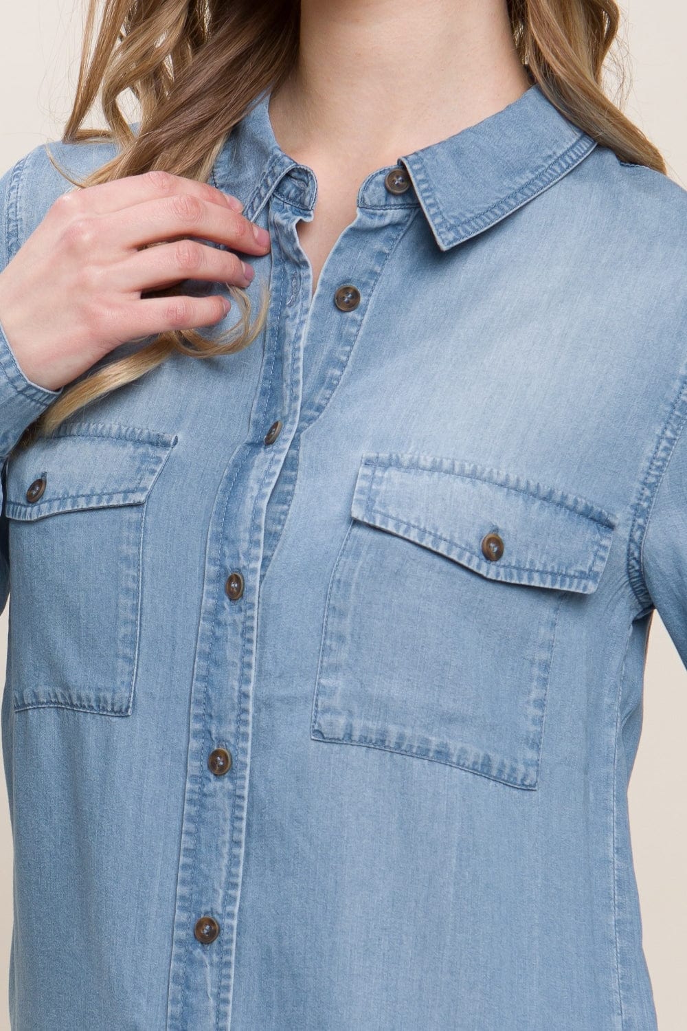 Trendsi Love Tree Scooped Hem Button Up Denim Shirt Love Tree Scooped Hem Button Up Denim Shirt
